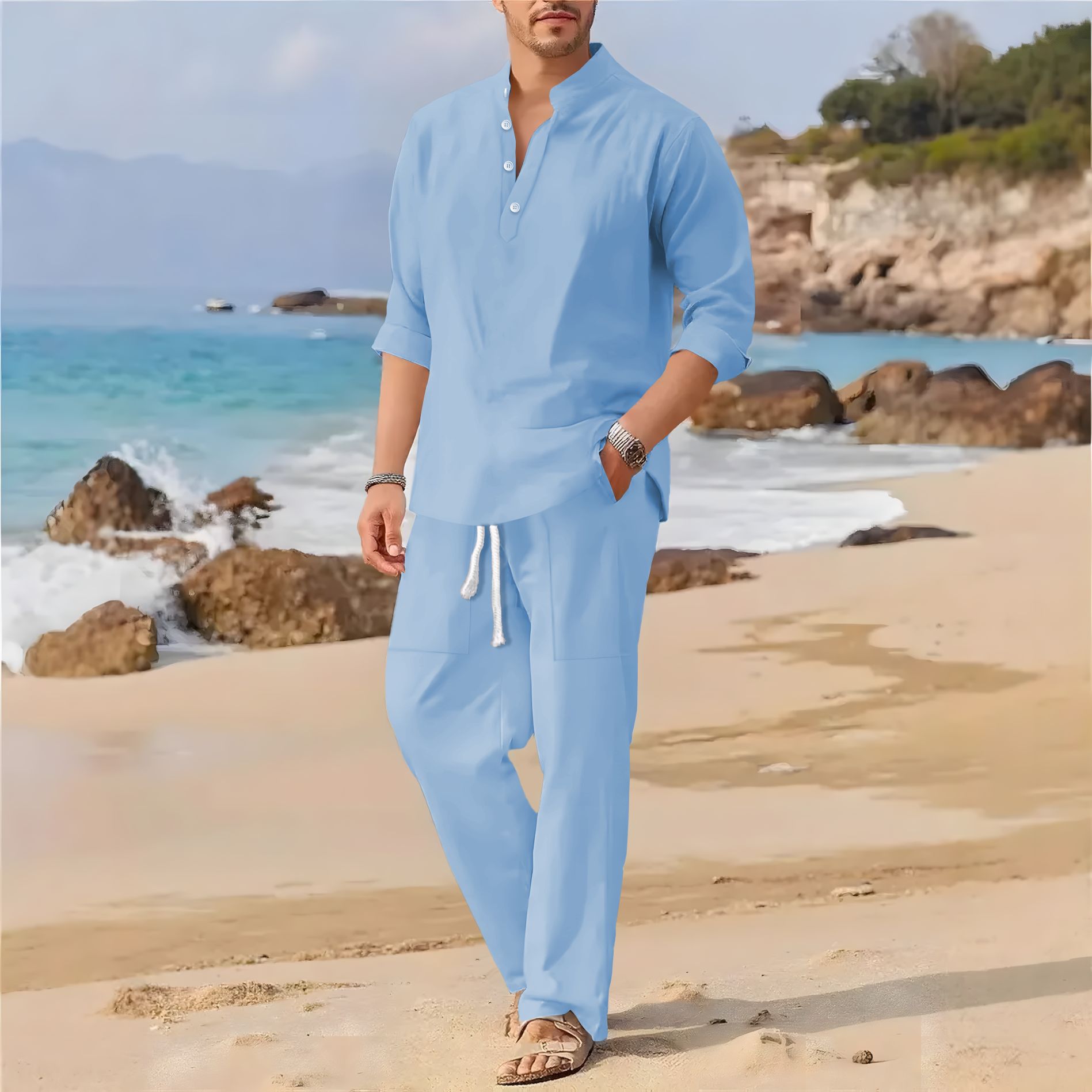 Linen Fabric Natural - Terno casual masculino retrô de algodão