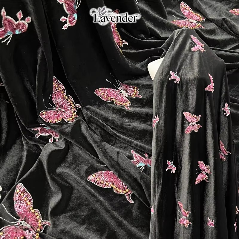 Velvet Fabric Embroidery - Tecido de veludo preto macio com