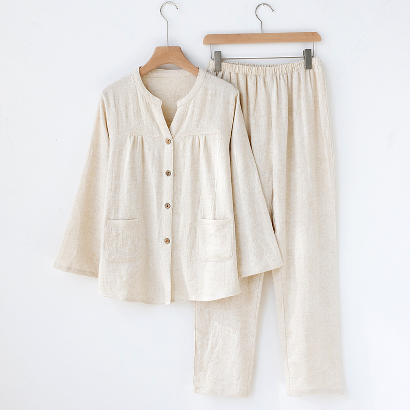 Linen Fabric Natural - Pijama feminino estilo japonês com decote