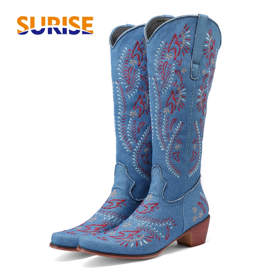 Embroidery On Jeans - Azul denim ocidental cowgirl joelho botas